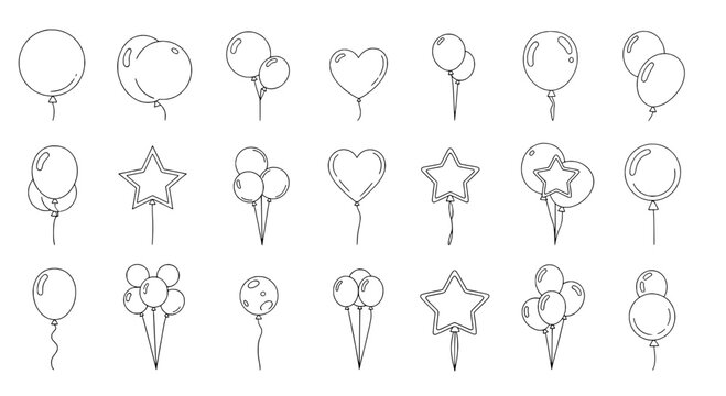 Balloons doodle icons set with outline hearts stars and smiley faces for festive party design graphics