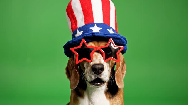 Beagle Dog Wearing Uncle Sam Hat and Star Shaped Glasses on Green Background Patriotic Funny Pet Portrait