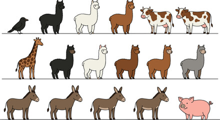 Fototapeta premium Farm Animal Collection Vector Illustration Featuring Alpaca Llama Cow Donkey Pig Giraffe and Bird Characters Isolated on White Background
