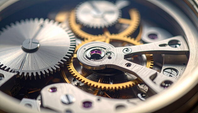 Close up of intricate watch mechanism gears and cogs detail for time concept