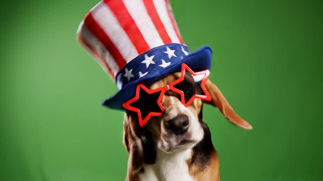 Cute Beagle Dog Wearing Patriotic Star Glasses and Uncle Sam Hat on Green Screen Background