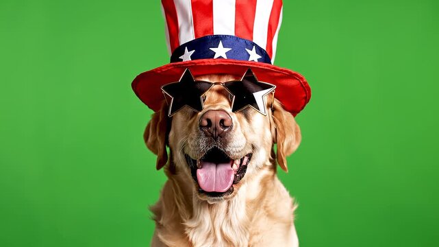 Funny Golden Retriever Dog Wearing Uncle Sam Hat and Star Glasses on Green Screen Background
