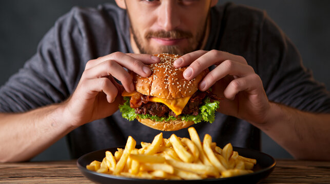 Young man eating burger and fries