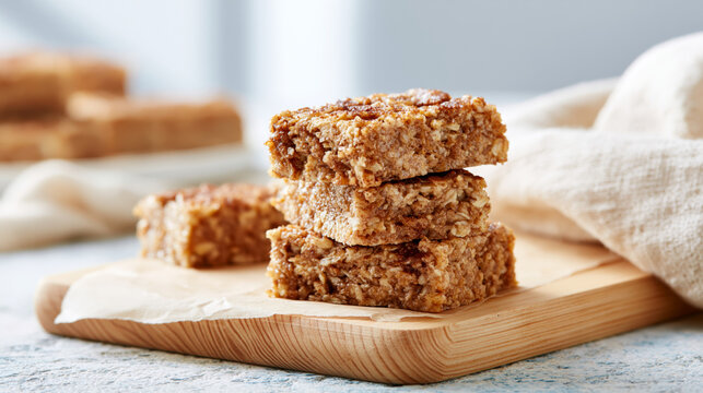 Healthy granola bars on wooden board