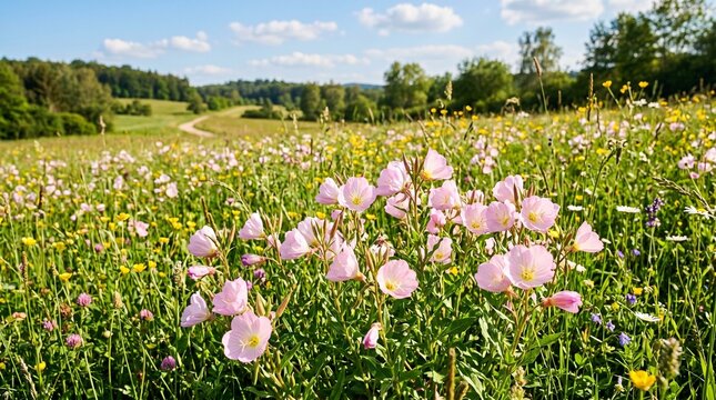 Beautiful delicate light pink evening primrose flowers grow in a lush green meadow on a bright sunny day during the warm spring season