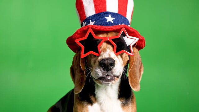 Funny Beagle Dog Wearing Uncle Sam Hat and Star Glasses on Green Screen Background for USA Celebration