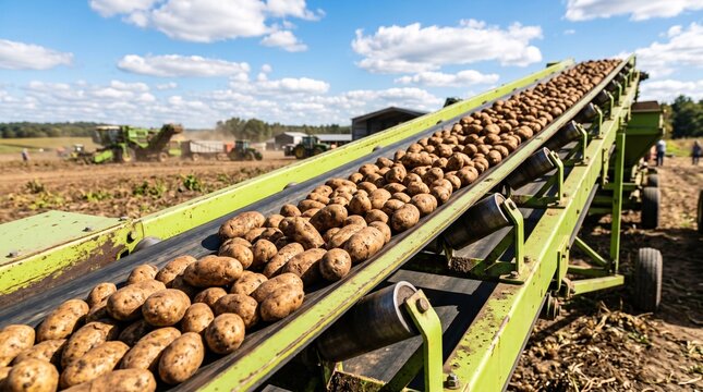 Outdoor industrial Potato harvest , conveyor belt with steel rollers carries a dense row of russet potatoes
