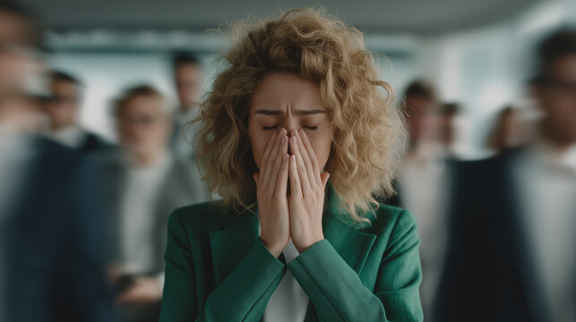 Woman feeling stressed and anxious in crowded office. Business professional experiencing panic attack among coworkers. Mental health struggle and pressure in formal work environment.