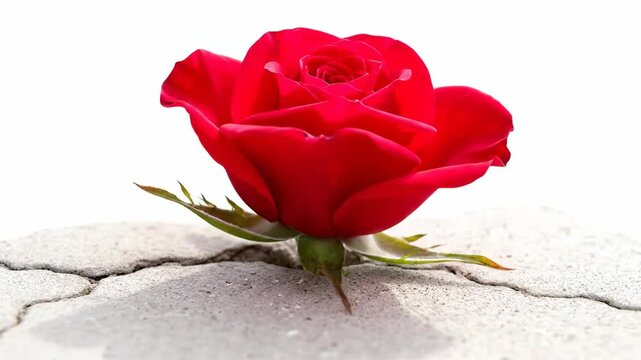 A vibrant red rose, symbolizing life, grows out of a cracked concrete surface.  It shows a powerful metaphor, highlighting tenacity and resilience