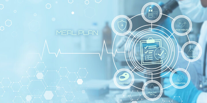 Modern digital meal planning concept featuring nutrition elements like protein hydration healthy fats ketosis vegetables and meal tracking