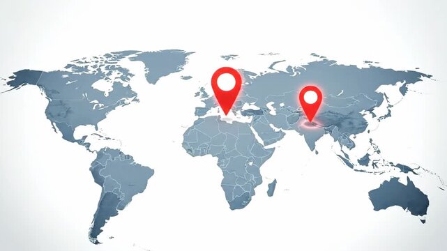 A world map featuring a glowing marker pinpointing a specific location, over a subtle white background