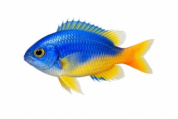 Fototapeta premium Photorealistic tropical coral reef one damselfish, isolated on white background, vibrant exotic ocean fish with detalied scales, flowing fins, realistic reflexions, colorful marine life, high detail.
