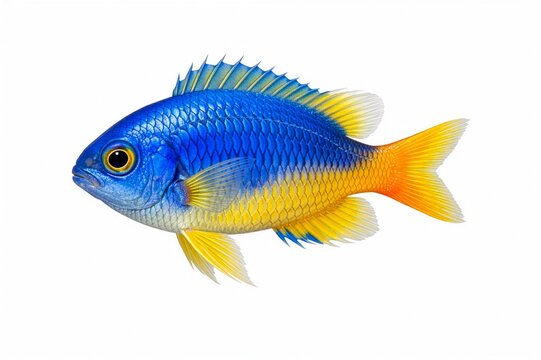 Photorealistic tropical coral reef one damselfish, isolated on white background, vibrant exotic ocean fish with detalied scales, flowing fins, realistic reflexions, colorful marine life, high detail.