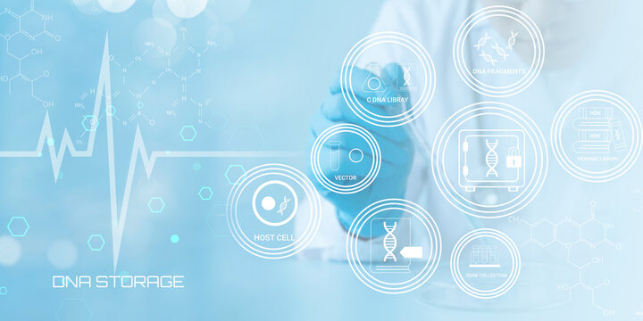 Modern scientific illustration showing DNA storage technology with genetic elements and laboratory icons overlayed on transparent background