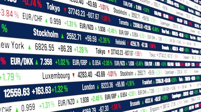 Close-up stock market ticker board, global indices and currency exchange rates. Market data, research, banking, financial markets, investment strategy, business, buying und selling stocks.