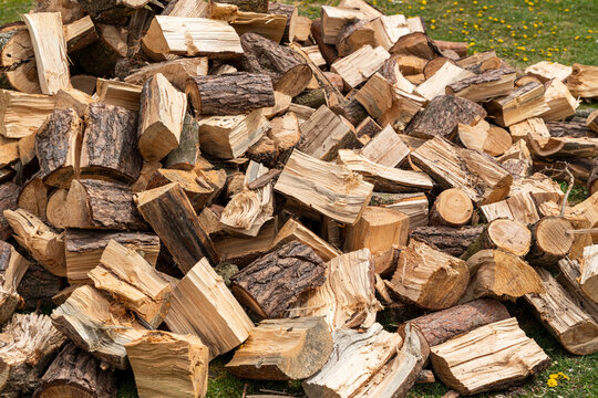 Stack of firewood logs arranged in a pile on green grass, ideal for woodwork projects and outdoor activities in a serene natural setting.