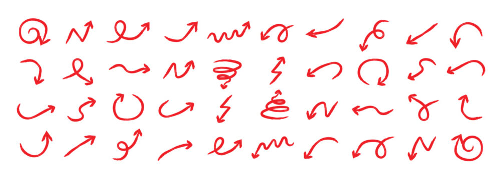 Set of red hand drawn grunge doodle spiral and curved charcoal, chalk arrows on white background. Curved Arrow Paint Stroke Vector Illustration,