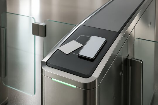 Modern access control turnstile with contactless card reader and glass barriers in a sleek entrance