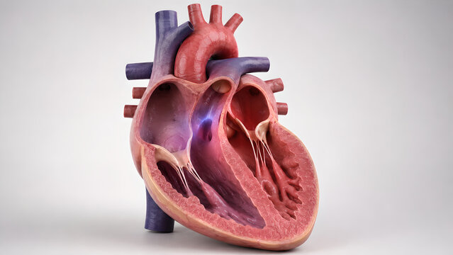Human heart cutaway with congenital septal defect, ventricular septal defect, realistic valve anatomy, chamber detail, medical 3D render, clinical heart anatomy, septal opening image
