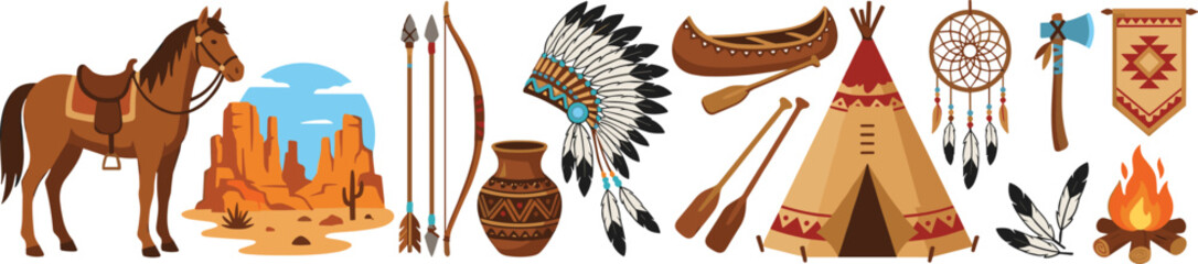 Native American Tribal Culture Collection Vector Illustration Featuring Teepee Horse Dreamcatcher Feathers and Traditional Western Elements © Lota
