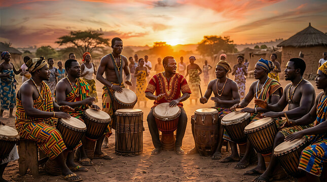 Traditional African Drummers Performing in Rural Village at Sunset for Africa Day Celebration