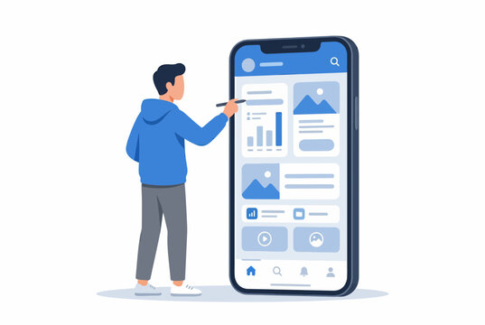 Male Designer Creating Mobile App Interface on Giant Smartphone
