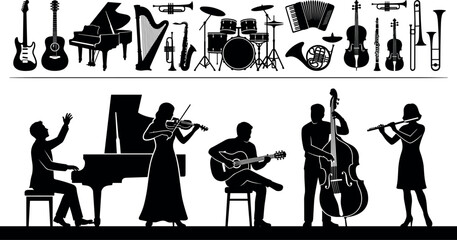 Musical Instrument Silhouette Set with Orchestra Band Performing Musicians Playing Piano Violin Guitar and Flute for Concert Vector Illustration © munzuara