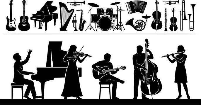 Musical Instrument Silhouette Set with Orchestra Band Performing Musicians Playing Piano Violin Guitar and Flute for Concert Vector Illustration
