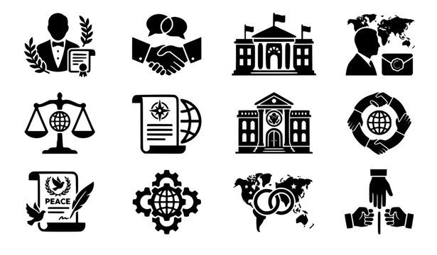 Solid diplomacy and international relations icon set with ambassador and peace treaty vector