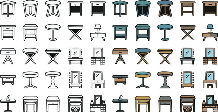 Furniture and table icons set with bedside cabinets and dressing tables