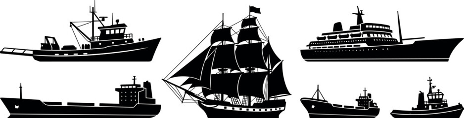 Ship Silhouette Set with Sailing Vessel Fishing Trawler Cargo Tanker Tugboat and Yacht for Maritime Nautical Transport Vector Illustration Design © munzuara