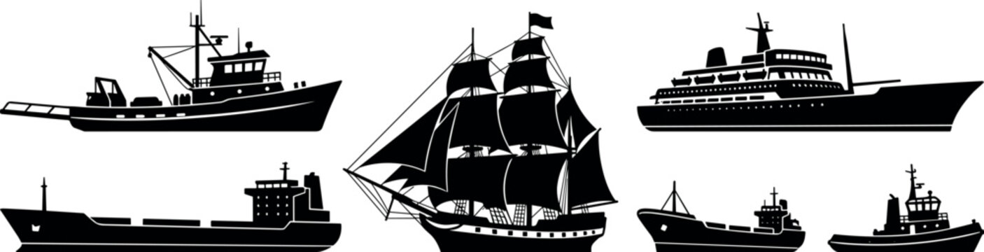 Ship Silhouette Set with Sailing Vessel Fishing Trawler Cargo Tanker Tugboat and Yacht for Maritime Nautical Transport Vector Illustration Design