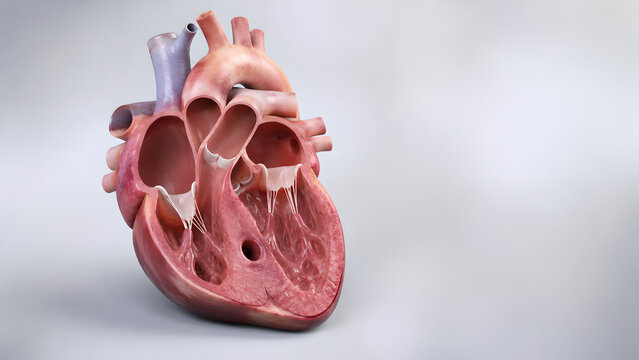 Human heart cutaway with congenital septal defect, ventricular septal defect, realistic valve anatomy, chamber detail, medical 3D render, clinical heart anatomy, septal opening image
