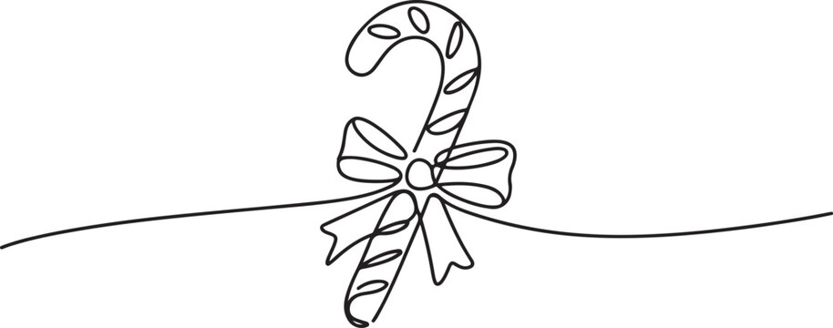 Candy Cane with Bow Line Art, Continuous one line art Christmas candy cane. one line icon drawing vector