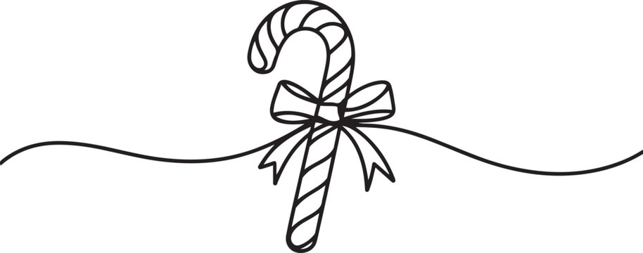 Candy Cane with Bow Line Art, Continuous one line art Christmas candy cane. one line icon drawing vector