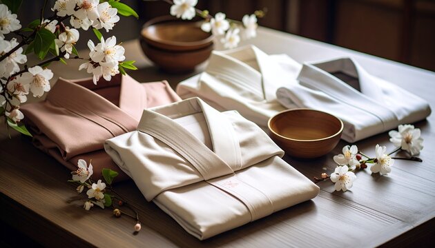 丁寧に畳まれて置かれた和服とお茶碗