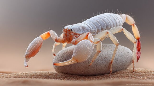 Captivating macro shot of a unique pale desert arachnid, resembling a camel spider or whip scorpion, on a smooth rock