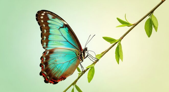 Blue morpho butterfly resting on a branch detailed macro photography