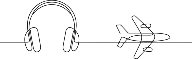 Obraz premium Abstract headphones with plane as continuous lines drawing on white background. one line icon drawing vector