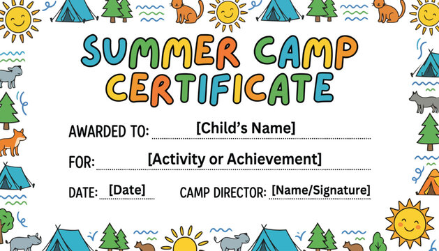 Summer camp certificate template with cute hand drawn doodles, colorful kids award diploma vector, outdoor adventure recognition for children