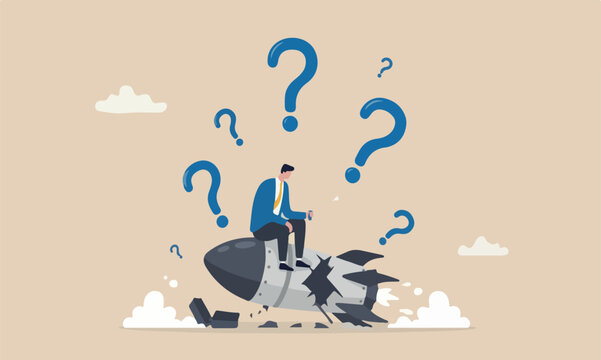 Fail start up business business risk or unexpected entrepreneur bankruptcy concept, depressed businessman company owner sitting on crash launching space rocket metaphor new business failure
