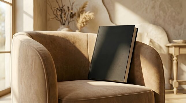 Cozy armchair with a closed book, bathed in warm sunlight, creating a serene reading nook atmosphere