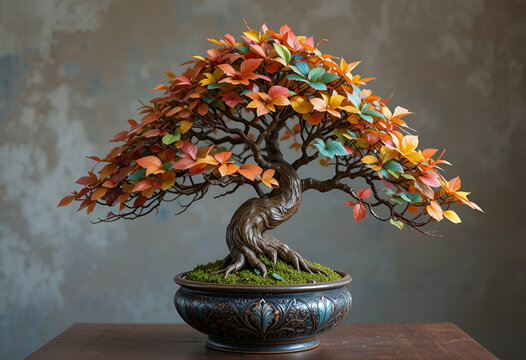 Artistic bonsai tree sculpture with colorful leaves