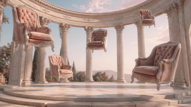 Four ornate velvet armchairs floating weightlessly within a classical marble rotunda, captured in a surreal cinematic scene with dreamy soft lighting at sunset.