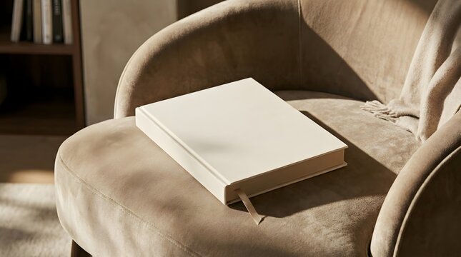 Elegant light beige hardcover book resting on a plush, comfortable taupe armchair in soft lighting