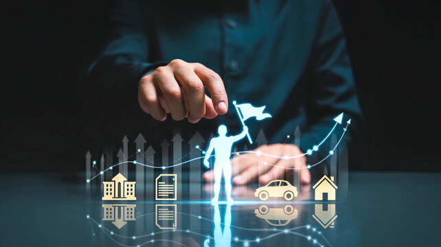 Digital concept of financial success, strategic wealth management, and investment growth, with a human silhouette achieving goals surrounded by rising asset icons and interactive data displays