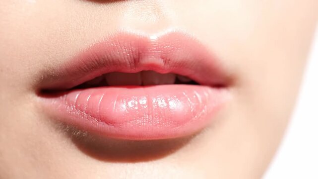 A close-up view of a person's slightly parted lips, revealing teeth. The lips are glossy and a delicate pink hue. Skin surrounds the mouth