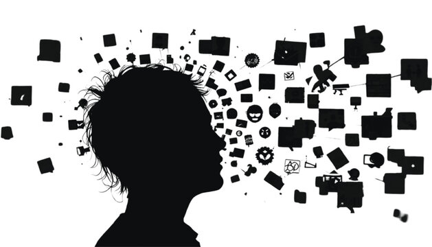 Silhouette of a head with numerous abstract shapes and icons exploding outwards on a white background.