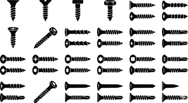 Screw and bolt types vector icons with various thread and head styles