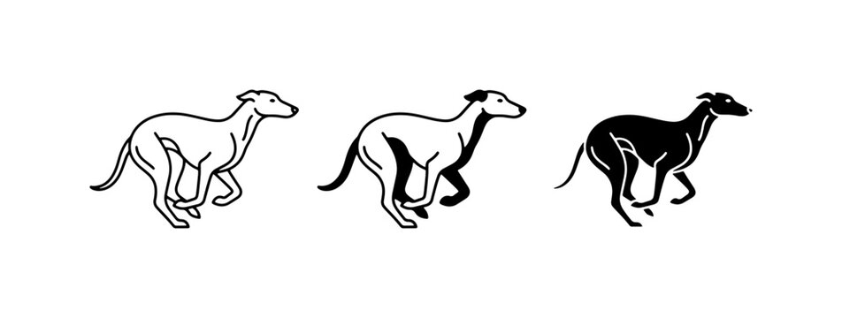 Elegant Greyhound Dog Vector Icons, Running Silhouette, Speed and Grace, Black and White Line Art, Canine Athlete Illustration
